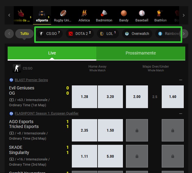 I giochi eSport disponibili